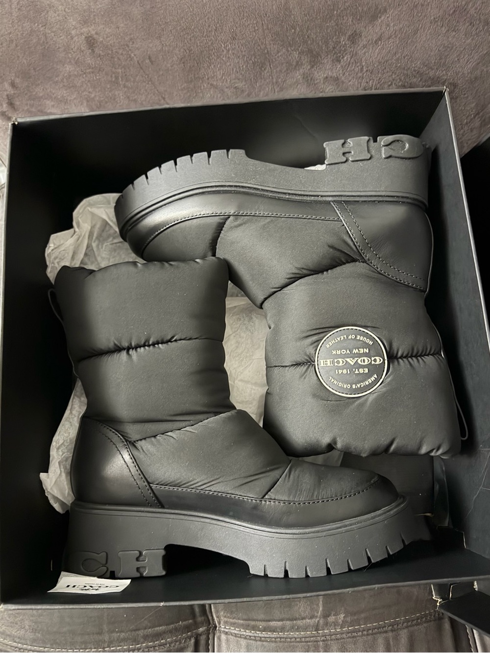 Coach Rya Nylon Black Quilted Platform Ankle Boots